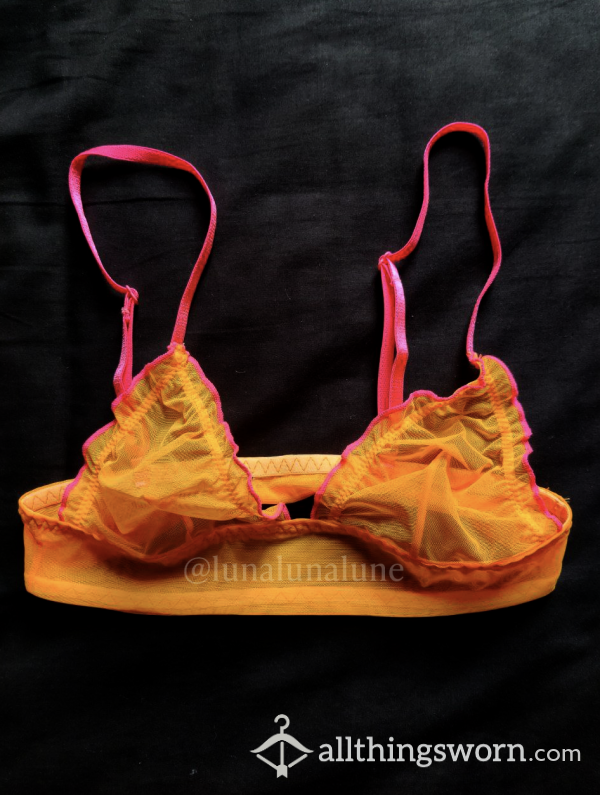 Hot Orange Mesh Bralette With Neon Straps UK 4 Worn By Pet*te Asian Goddess