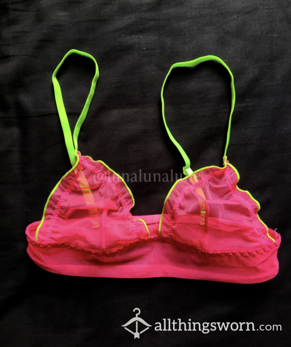 Hot Pink Mesh Bralette With Neon Straps UK 4 Worn By Pet*te Asian Goddess