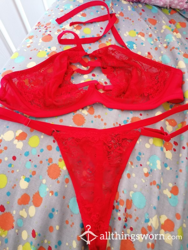 Lacy Red S**y Halterneck Bra And Thong