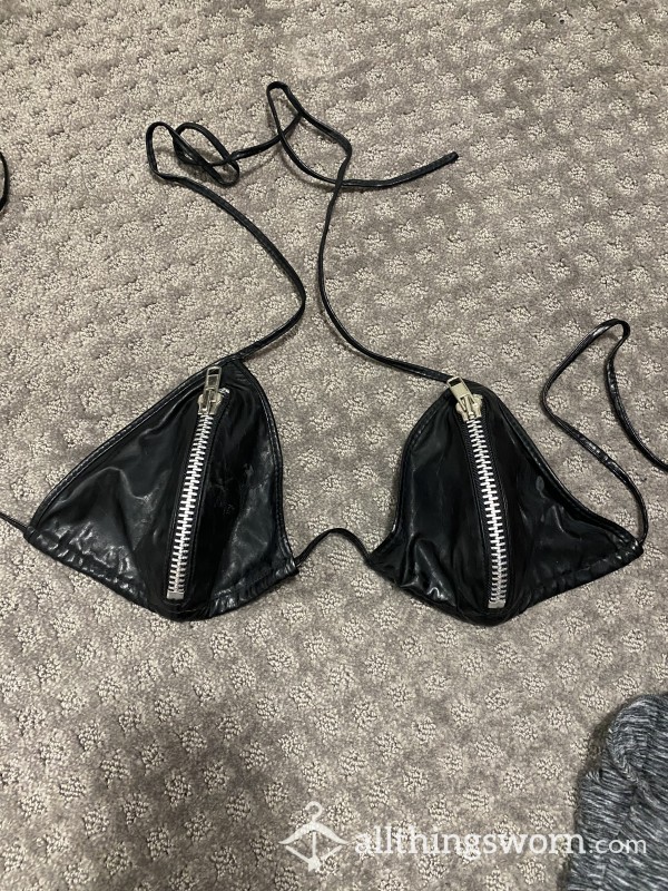 Leather Like Nipple Zip Bra