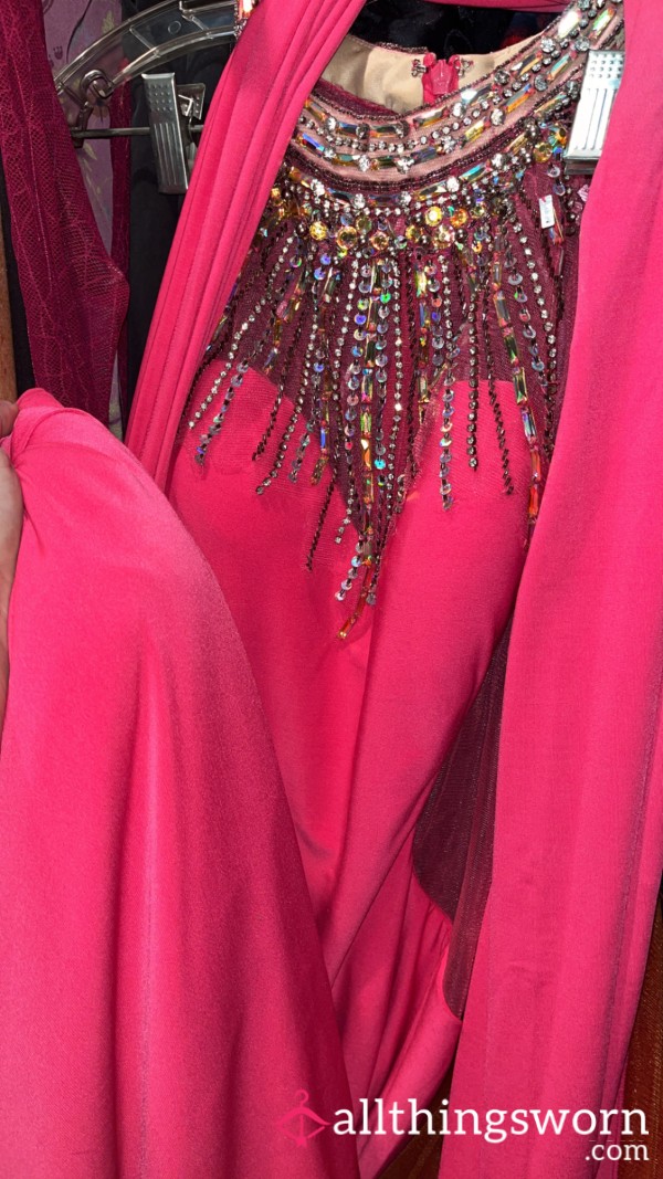 (M-L) Super LONG Mermaid Style Pink Rhinestone Embellished Dress With Matching Shoulder Fabric Cover