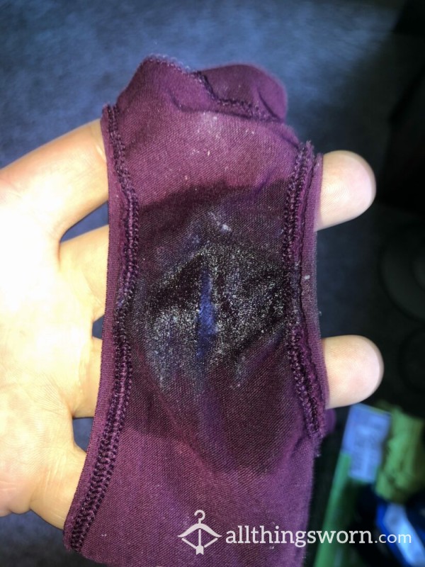 SOLD Well Worn Wet Crusty Full Back Maroon Cotton Bikini Panties