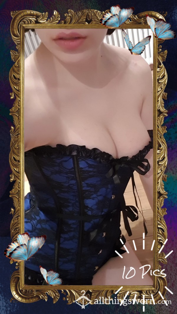 Me In My S**y Blue And Black Corset And Lacey Underwear