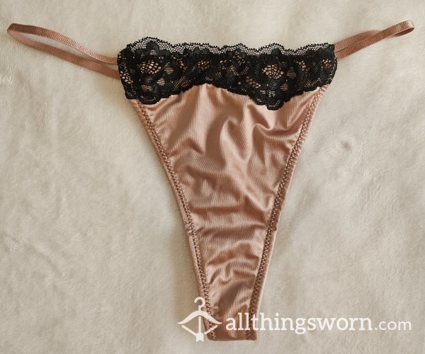 Metallic Satin Dusty-mauve Thong With Black Lace Trim