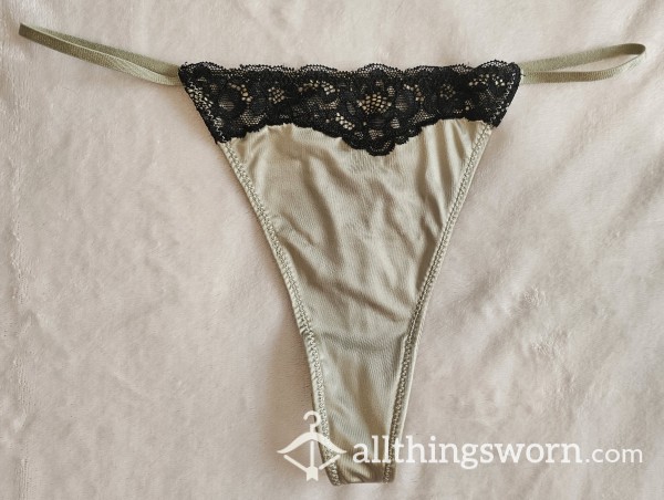 Metallic Satin Sage Thong With Black Lace Trim