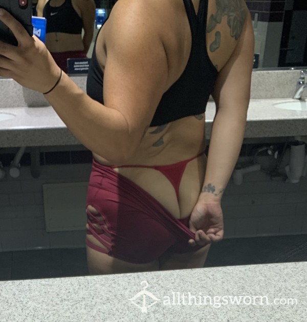 Muscle Mommy’s Sweaty, S**y Red Thong