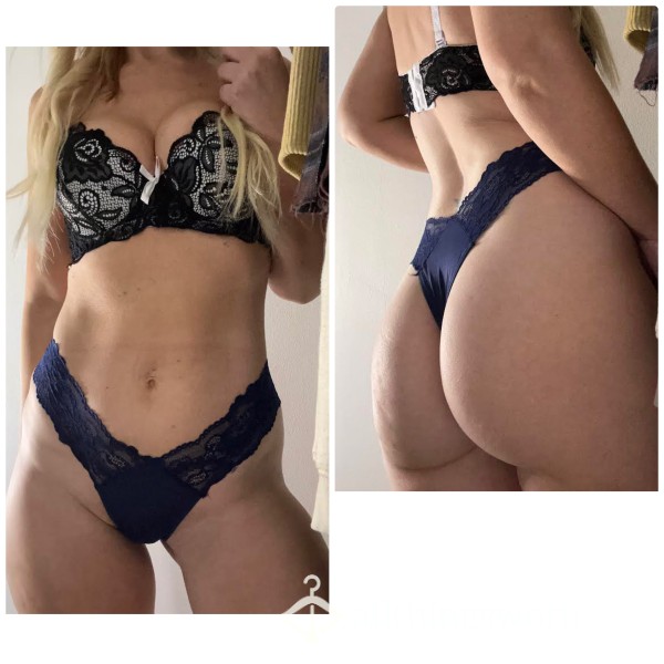 Navy Nylon And Lace Thong