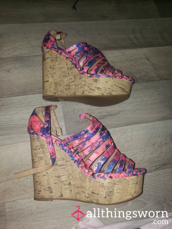 Neon Pink And Blue Patterned Wedges