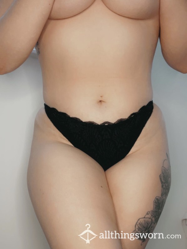 Nylon And Lace Thong - Black