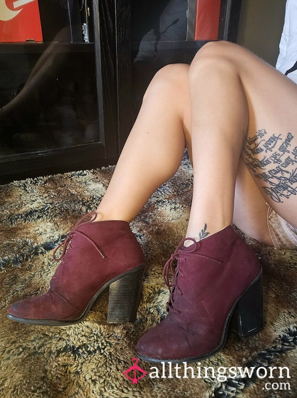 Old Well Worn Suede Dirty Maroon Burgandy High Heel Boots Ankles Booties Chunky Heels Shoe Fet**h Asian Japanese Tattooed Feet