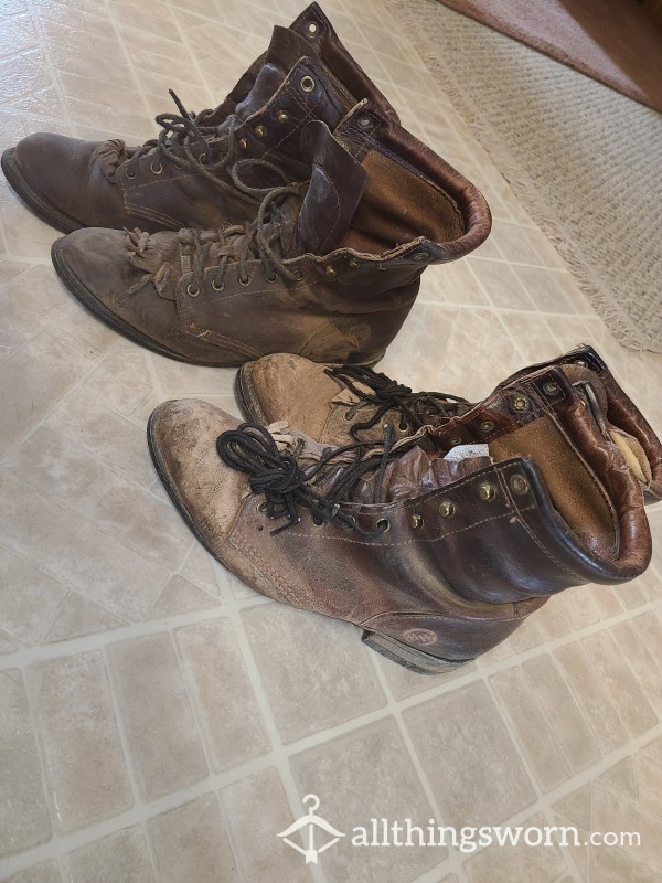 Old Worn Out Blue Collar Worker Boots Size 8