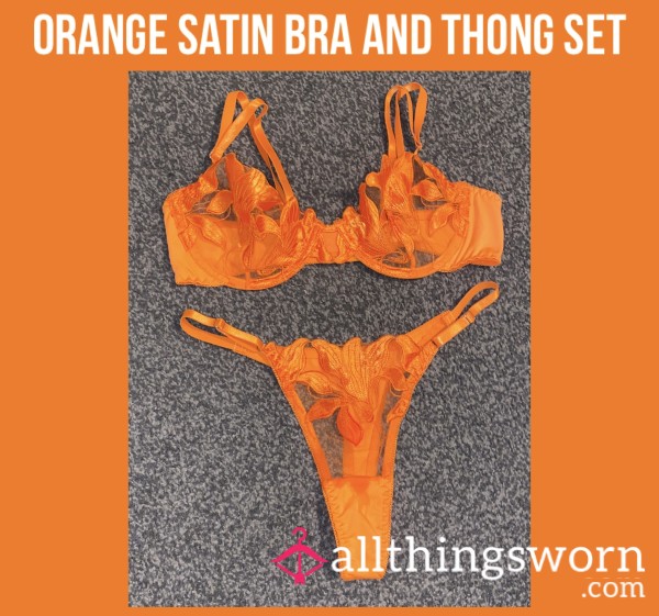 Orange Satin Bra And Thong Set🧡