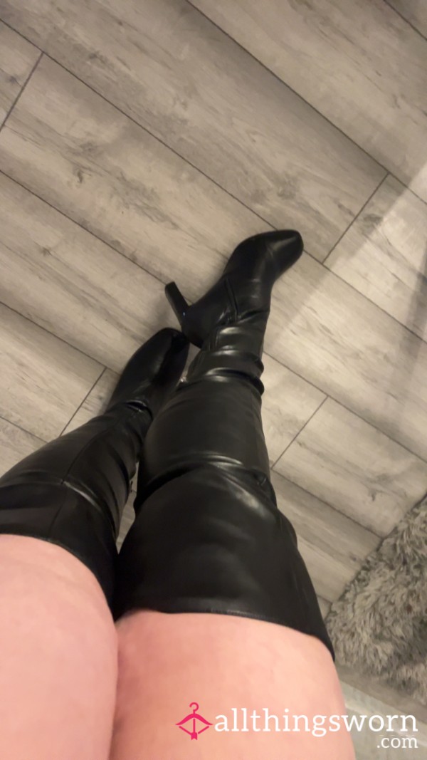 Uk 8- Over The Knee Faux Leather Heeled Boots