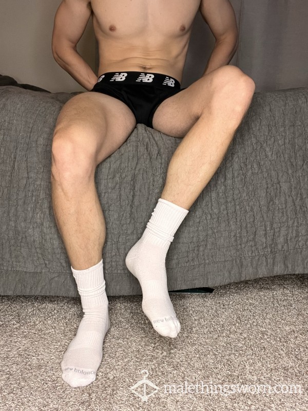 PAIR OF USED GYM SOCKS From A Sweaty College Jock - White New Balance Crew Socks