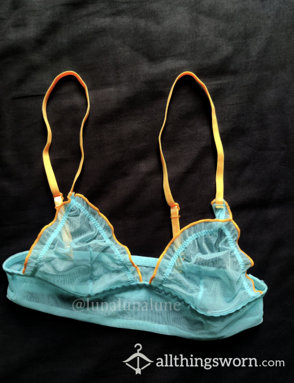 Pastel Blue Mesh Bralette With Neon Straps UK 4 Worn By Pet*te Asian Goddess