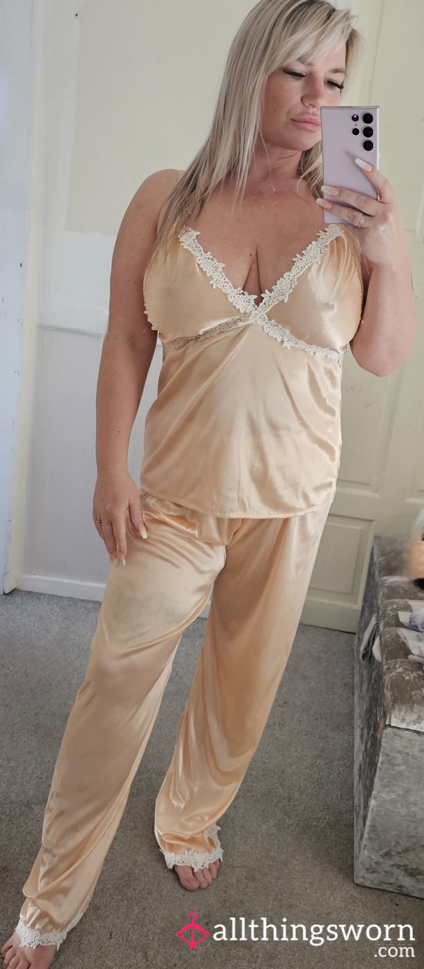 Peach Satin Long Trouser Pj Set 😋