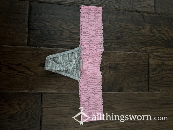 Pink And Grey Lace And Cotton Thong