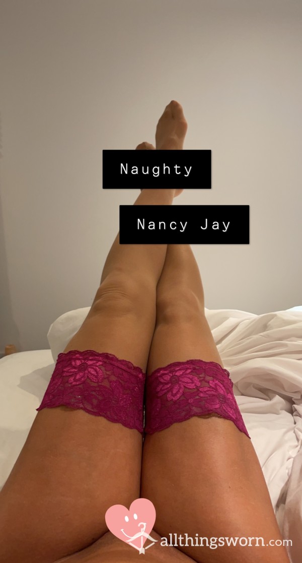 Pink Lace Hold Ups With Nude Nylon. Ripped During S** Session