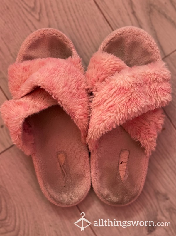 Pink Slippers W/ Toe Prints, Toe Jam, Sweat, Dirt And Heel Prints