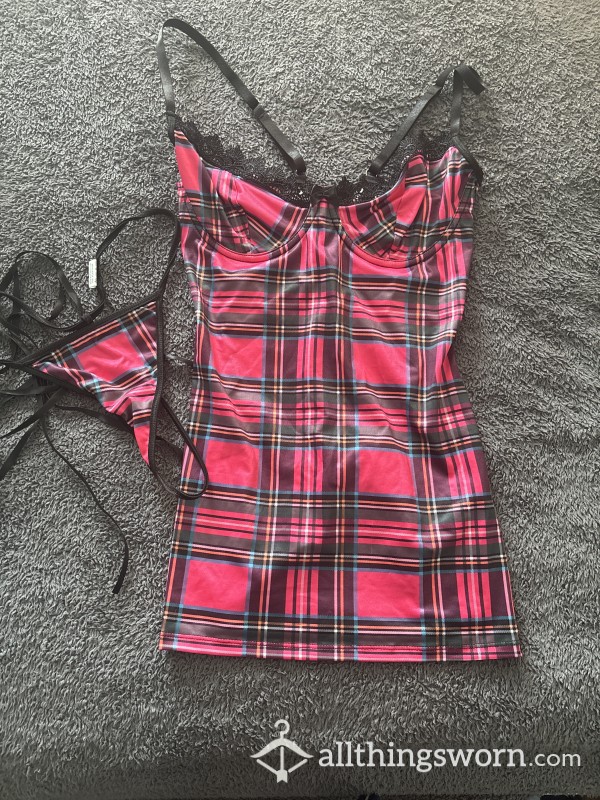 Pink Tartan Lingerie Dress & Thong