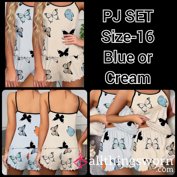 PJs Set S**y Top & Shorts Sleepwear With Bu*terflies 🦋 Blue Or Cream Sz 16