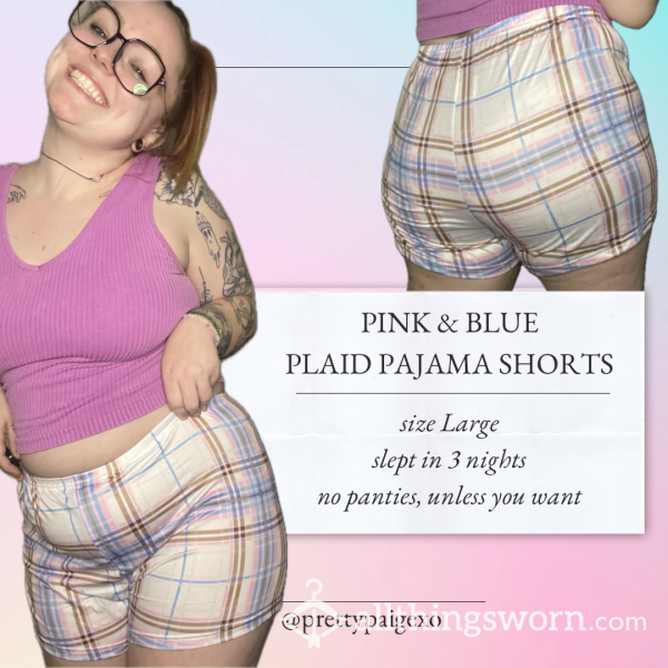 Plaid Pajama Shorts, Pink & Blue 🩷 Size Large, Slept In 3 Nights… Panties Optional 💤