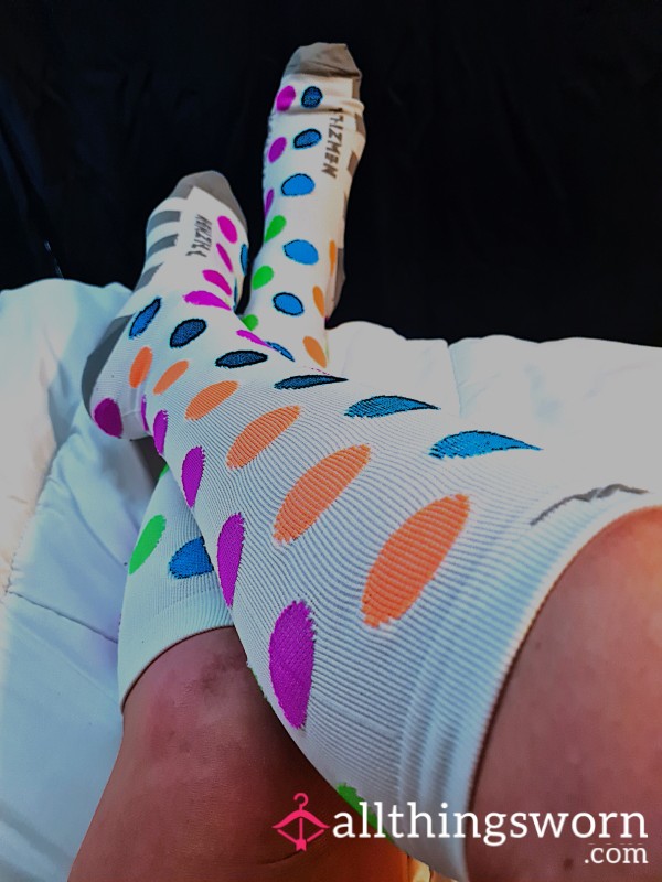 Playful Seduction: Worn White Polka Dot Knee Socks