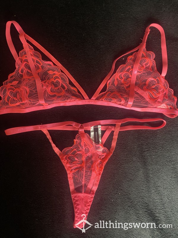 PLT Bright Pink Flor*l Lace Thong & Bra Set 🩷