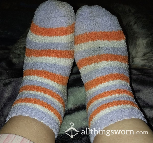 Purple,white,and Orange Fuzzy Socks