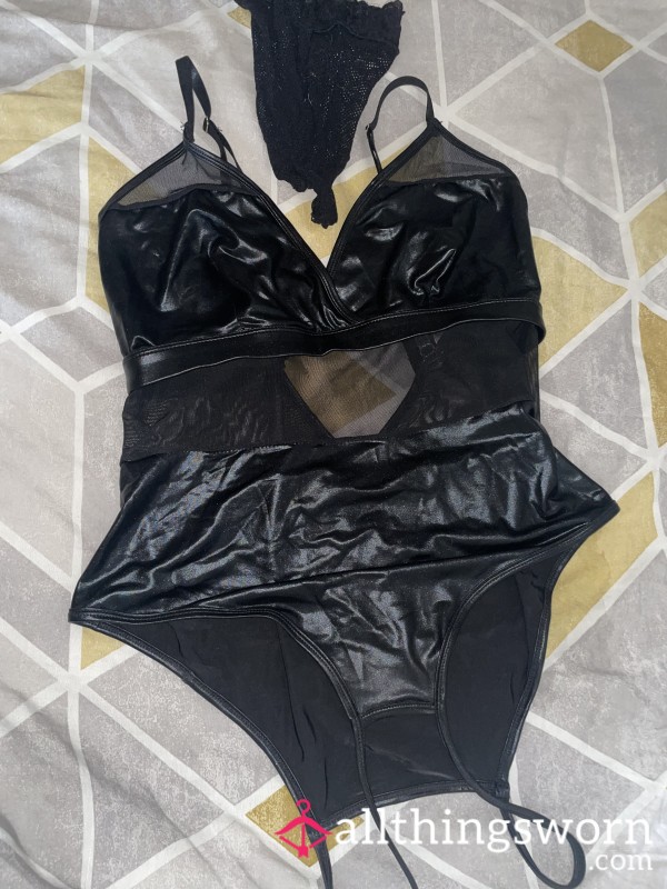 PVC And Mesh Crotchless Bodysuit