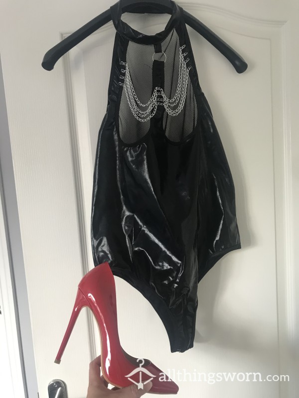 PVC Body Suit With Fish Net B**bs And Red Patient Leather Stilettos