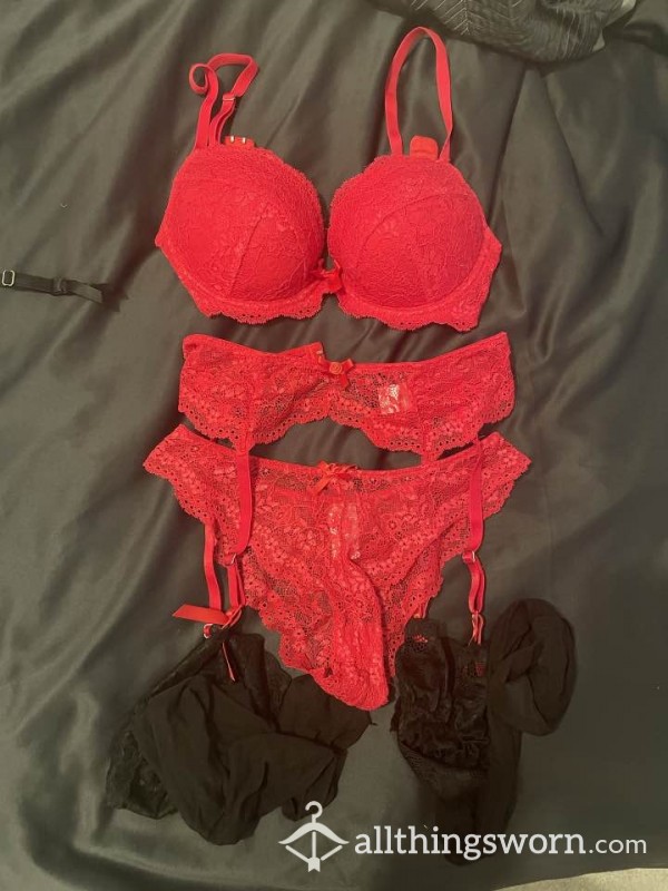 £25 - Red Bra, Suspenders, Cheekies And Stockings