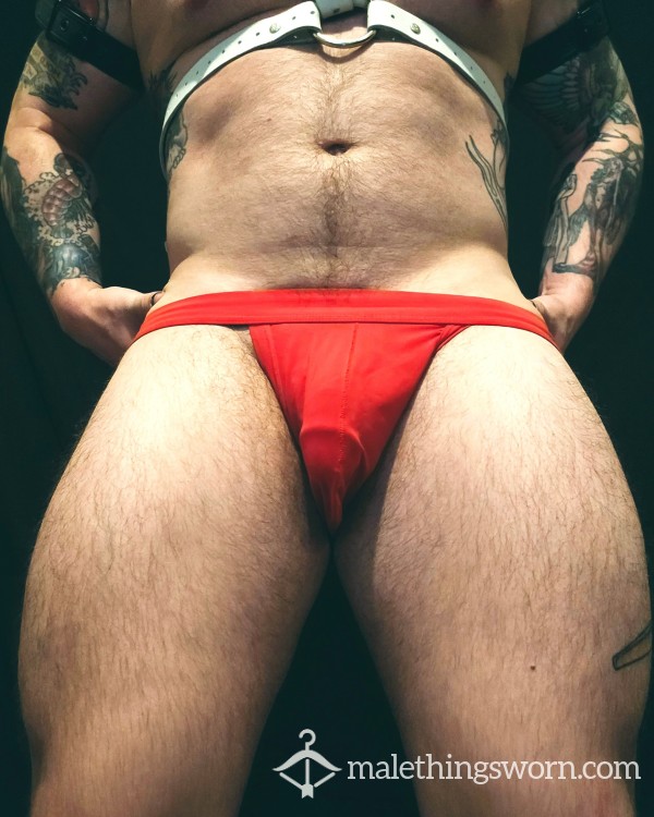 Red Jock Worn By Sweaty Powerlifter