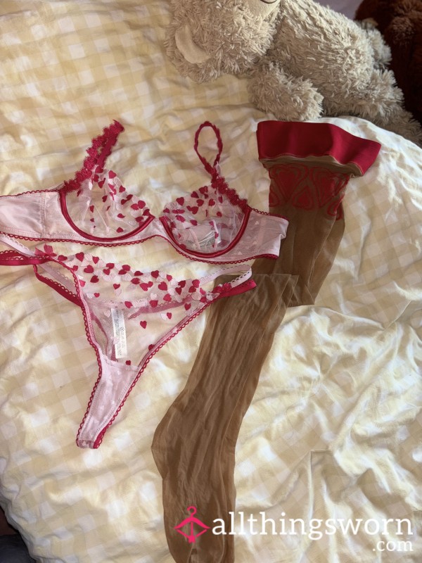 Red & Pink Heart Thong, Bra And Stocking Set