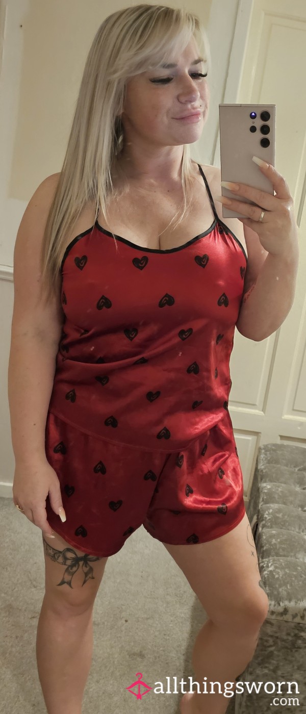 Red Satin With Black Hearts Pj Shorts Set 🥰