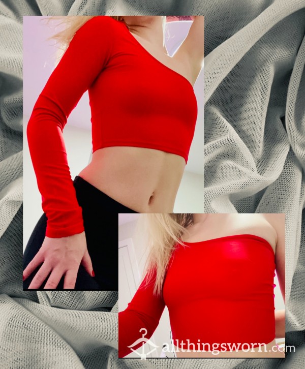 💋RED SPANDEX SINGLE SLEEVE CROP TOP💋