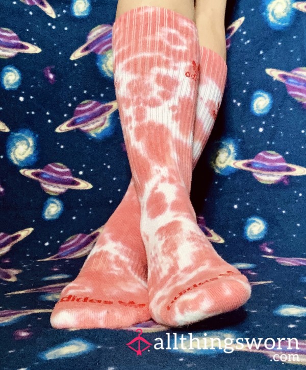 Reddish Pink And White Tie-dye Adidas Knee High Soccer Socks