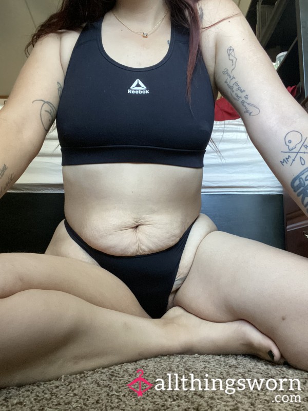 Reebok Black With White Logo Sports Bra With Black Lace Thong