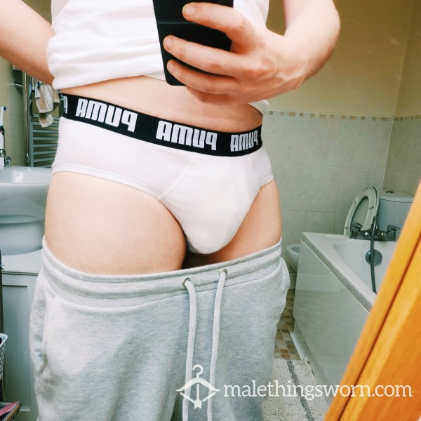 Scally Chav Puma White Briefs. Four Day Use. Pi*s Stained. Well Used