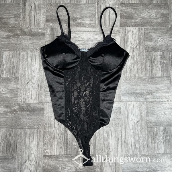 S**y Black Satin And Lace Lingerie Bodysuit