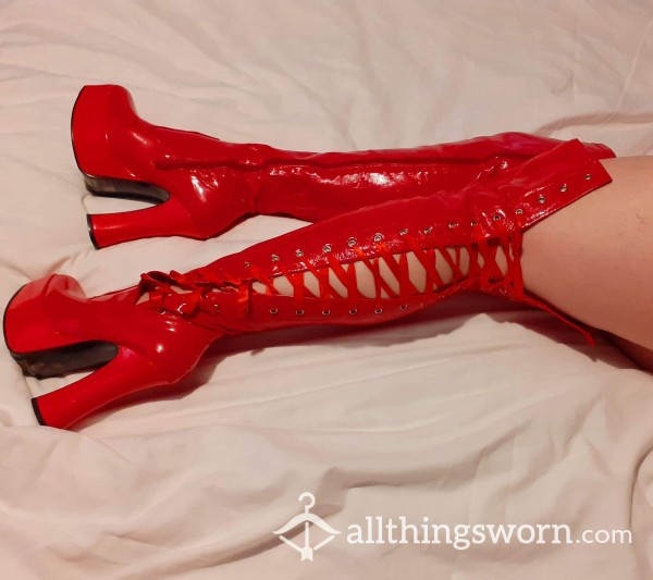 S**y Thigh High Red Lace Up Boots