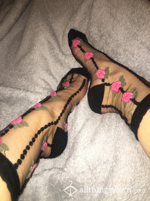 Sheer Black And Pink Rose Socks