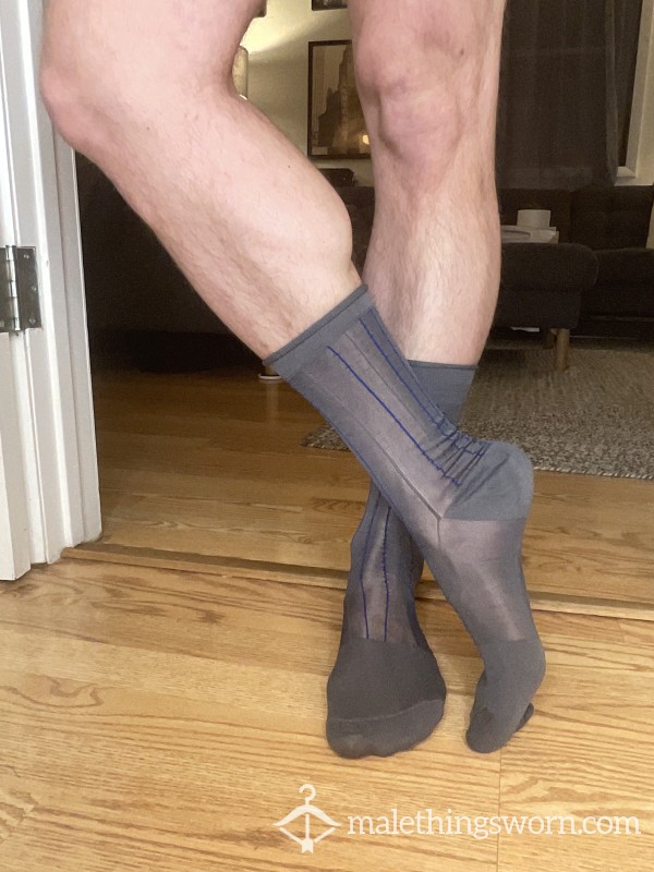 Sheer Mid-Calf - Grey / Gray With Navy Stripes