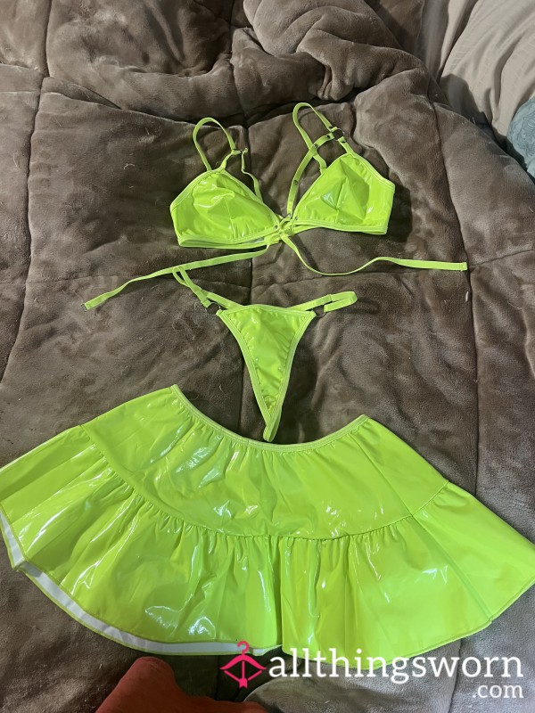 Shiny Polyurethane Skirt, Thong,Bra