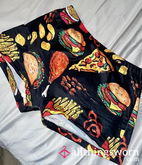 Silly Food Print Gym Short Shorts!🍔🌭🌮