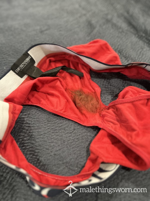 SOLD***Skid Sharts In C*m Stained Armani RED Briefs