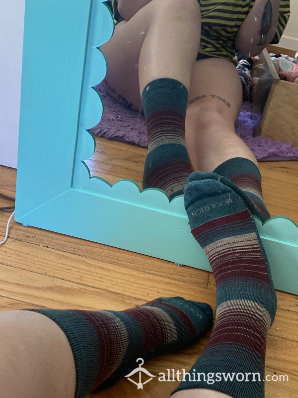 Striped Teal And Burgundy Worn Socks