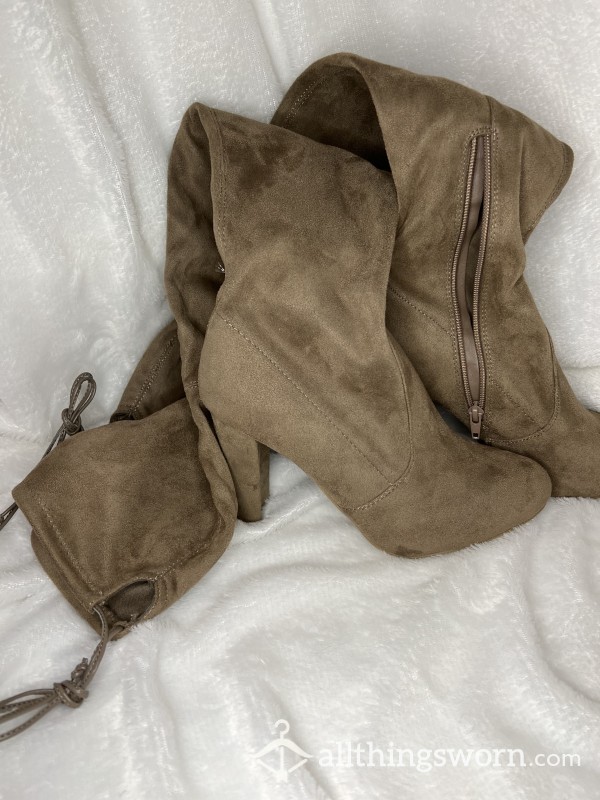 Suede S**y Thigh Highs • Tan Heels • Tan Boots • High Heels