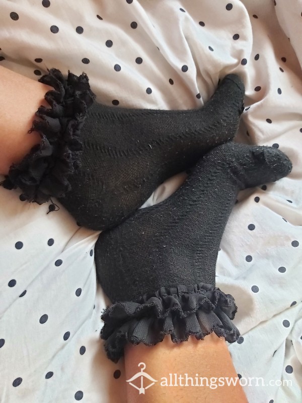 ***SOLD*** Super Girly Frilly Bobbled Black Socks