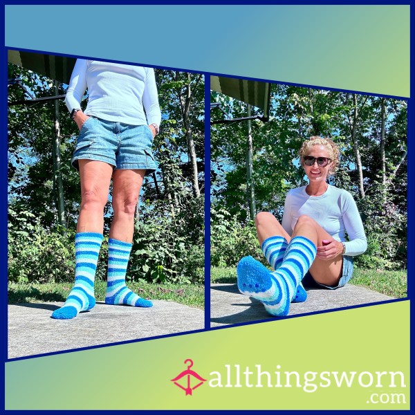 Tall Blue And White Striped Fuzzy Socks | 3 Day Wear!!